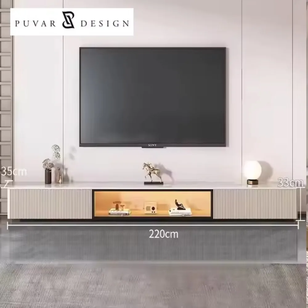 Customized Modern Living Room Luxury Solid Wood Rock Plate TV Cabinet with Lighting and Drawers