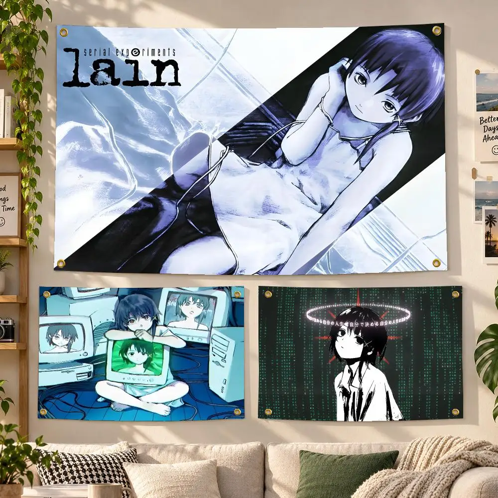 Anime Serial Experiments Lain Cyberpunk Flags Personalized Banner Flag Room Dorm Camping Picnic Garage Bar Outdoor Wall Decor