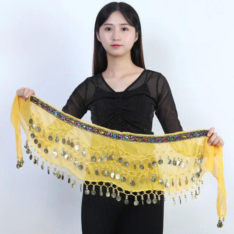 New Belly Dance Hip Scarf Copper Coin Waist Scarf Indian Dance Performance Clothing Accessories Dance Wear Belt with Gemstone