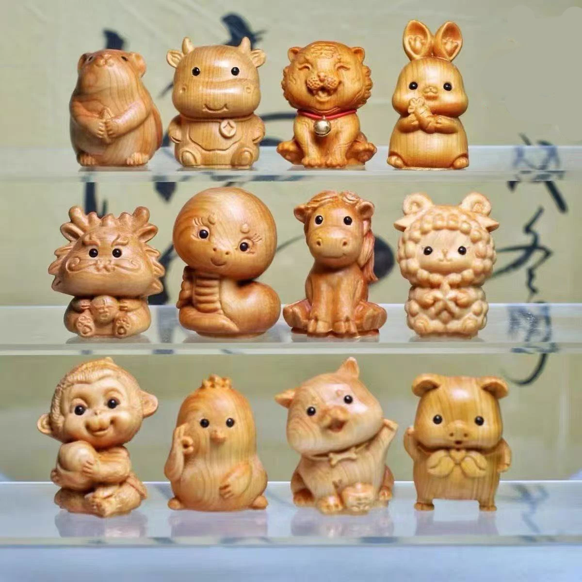 Cute Wooden Chinese Zodiac Animals, 12 Piece Set Cypress  Wood Carving, Mini Kawaii Statues for Home Office Desk Decor Gift