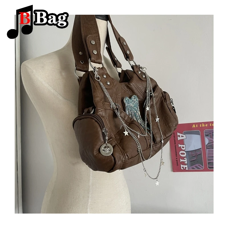 Brown casual pu bag Spice Girl Versatile Harajuku tote Gothic punk woman one shoulder cross body handbag