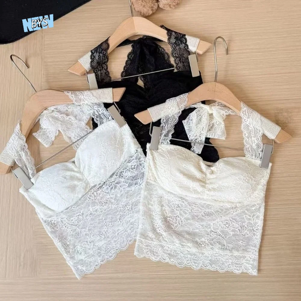

Fashion Laced Up Lace Camisole Ruffled Hanging Neck Transparent Crop Tops Slim Fit Tanks Lace Corset Travel