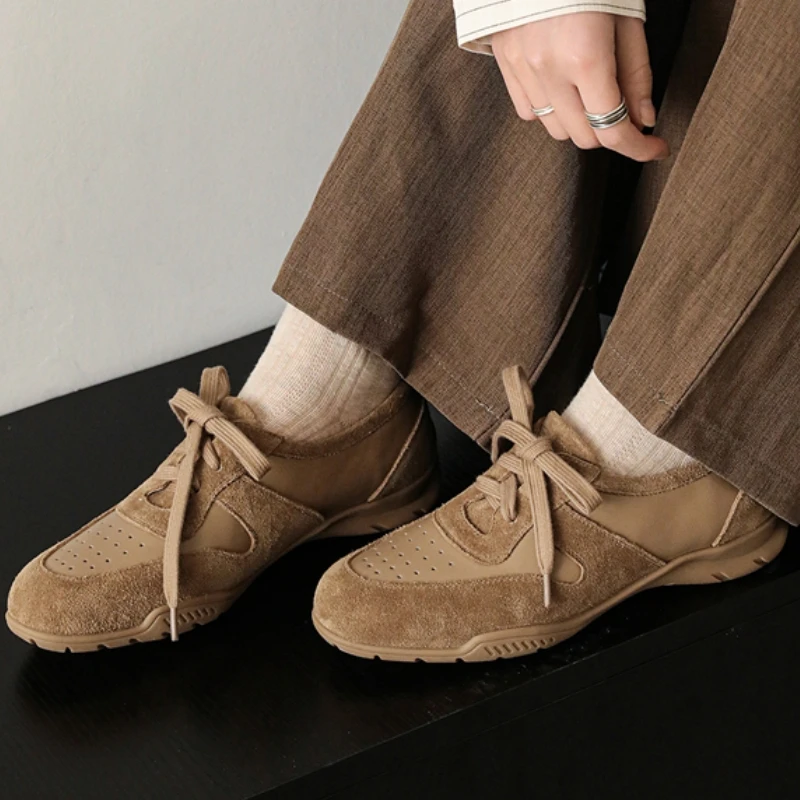 

Casual 2026 New Women's Loafers Flats Shoes Spring Autumn Suede Leather Casual Lace-up Walking Work Shoes Brown Flat Comfortable