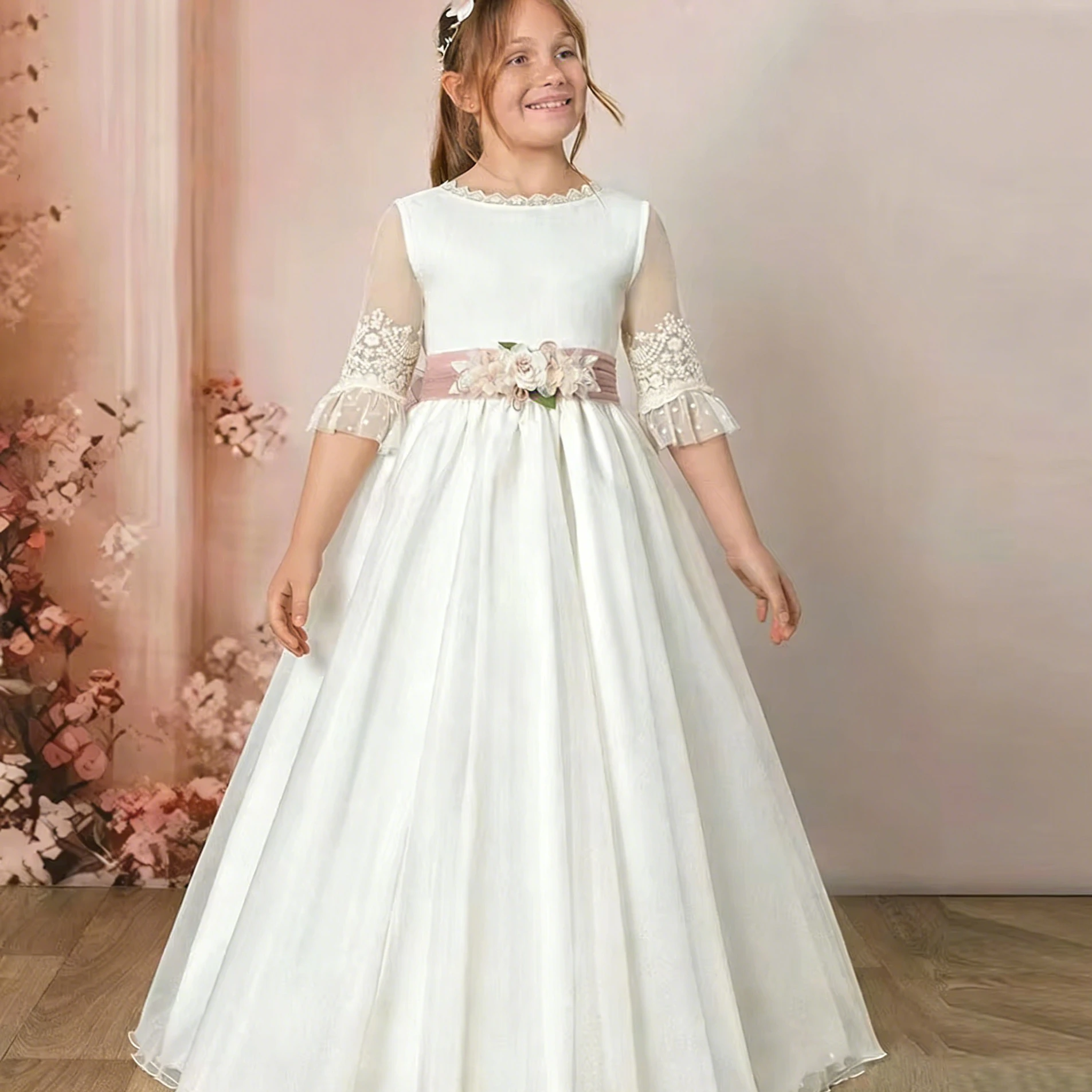 Customized Flower Girl Dress For Wedding Lace Half Sleeve Satin Bow V Back Floor Length Kids Birthday First Communion Gown
