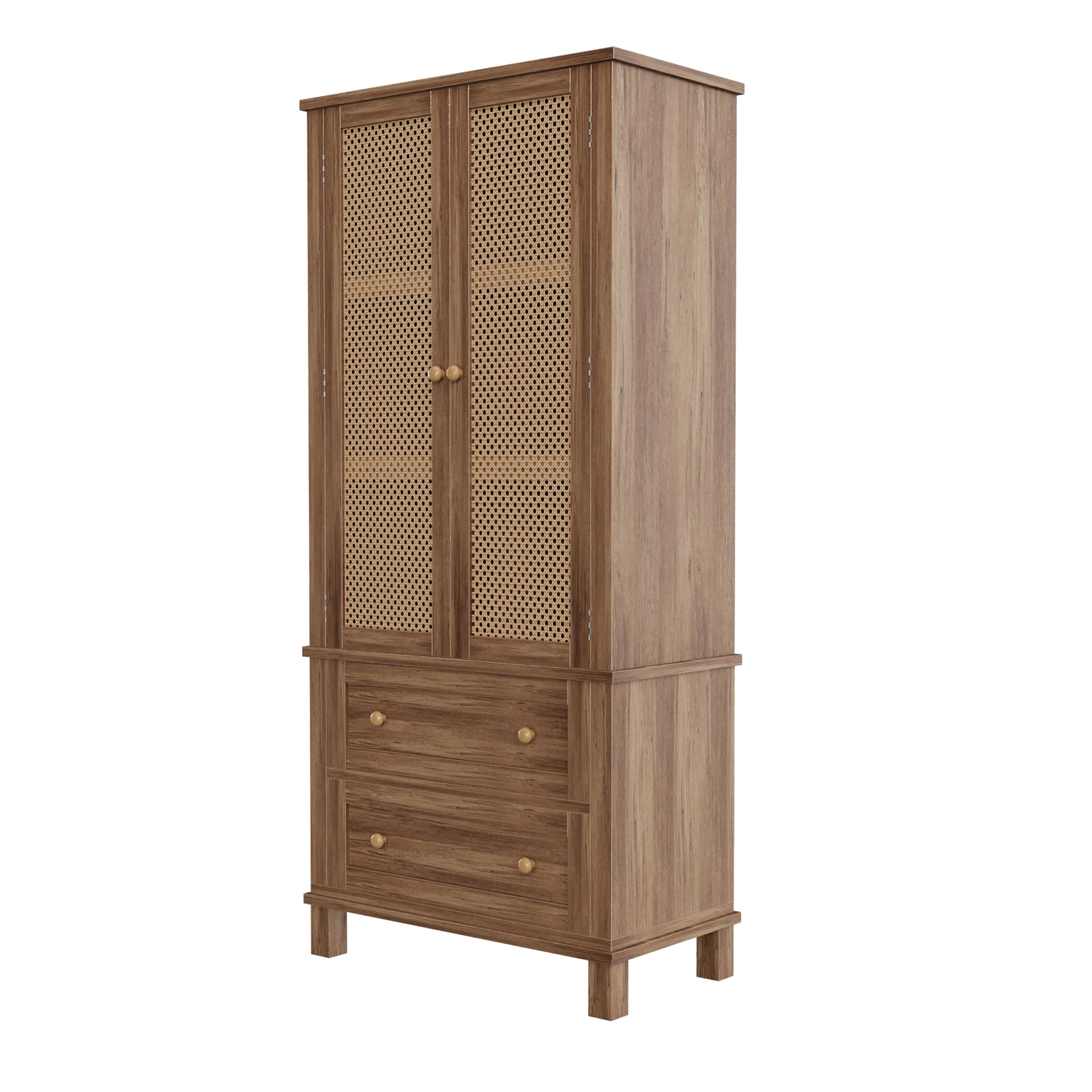 Tall Kitchen Pantry, Kitchen Pantry Storage Cabinet with Rattan Doors, Adjustable Shelf and 2 Drawers, Freestanding Cupboard