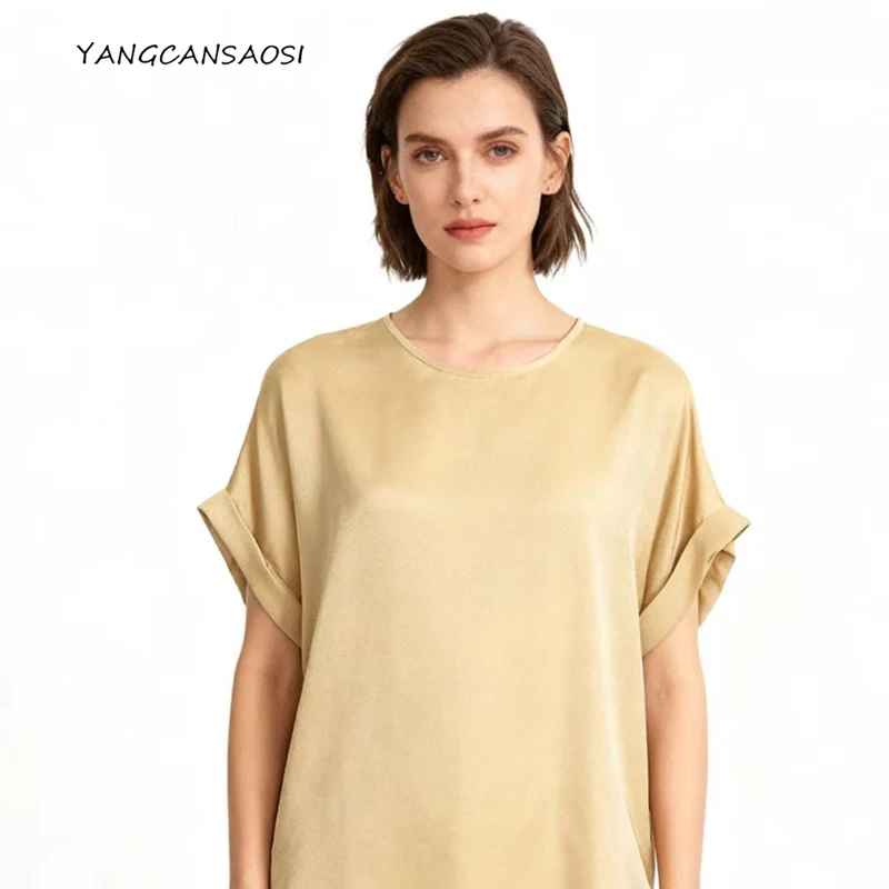 

Premium Feel 100% Natural Mulberry Silk Satin Skin-friendly Comfortable Round Neck Short Sleeve Yellow Women's Casual T-shirt