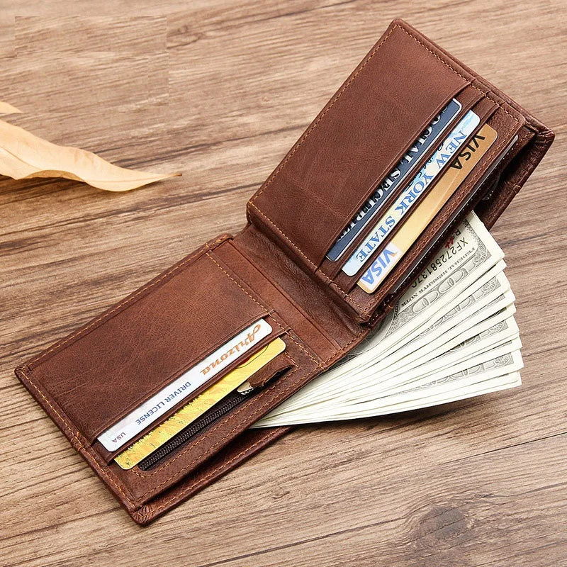 GENODERN Patchwork Style Cow Leather Male Purse Short Wallet for Men Genuine Leather Wallets Brown Male Purses Men Wallets