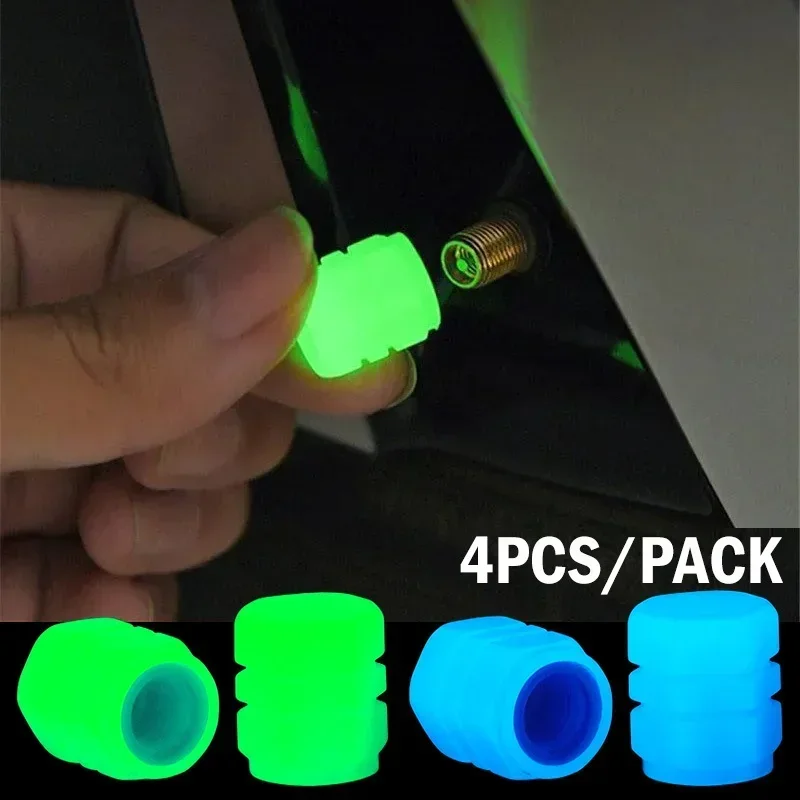 4 Pcs Luminous Valve Caps Fluorescent Night Glowing Car Motorcycle Bicycle Bike Wheel Tyre Hub Luminous Valve Stem Caps Decors