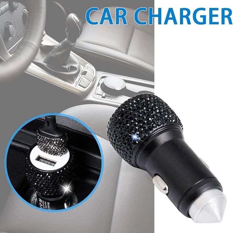 Dual USB Car Charger Bling Handmade Rhinestones Crystal Car Decors Safety Hammer Design Car Decorations Fast Charging for Phone