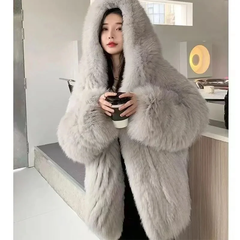 Imitation Fox Fur Grass Coat For Women 2025 New Style Autumn and Winter Warm Long Sleeved Hooded Loose Slimming Fur Coat Trendy