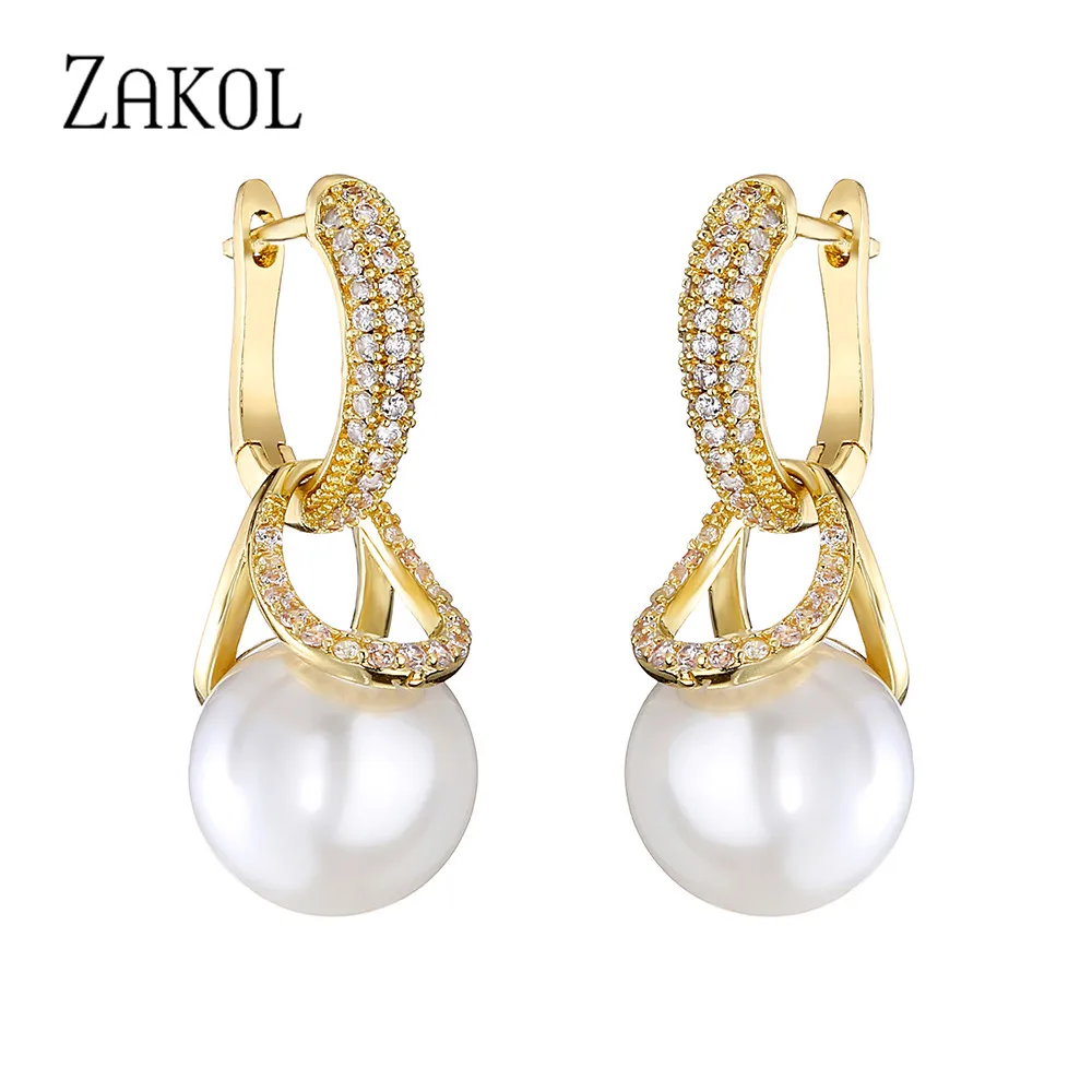 ZAKOL New Micro-inlaid Zircon Hoop Earrings for Women Luxury Imitation Pearl Drop Earring Jewellery Aretes De Mujer EP2839