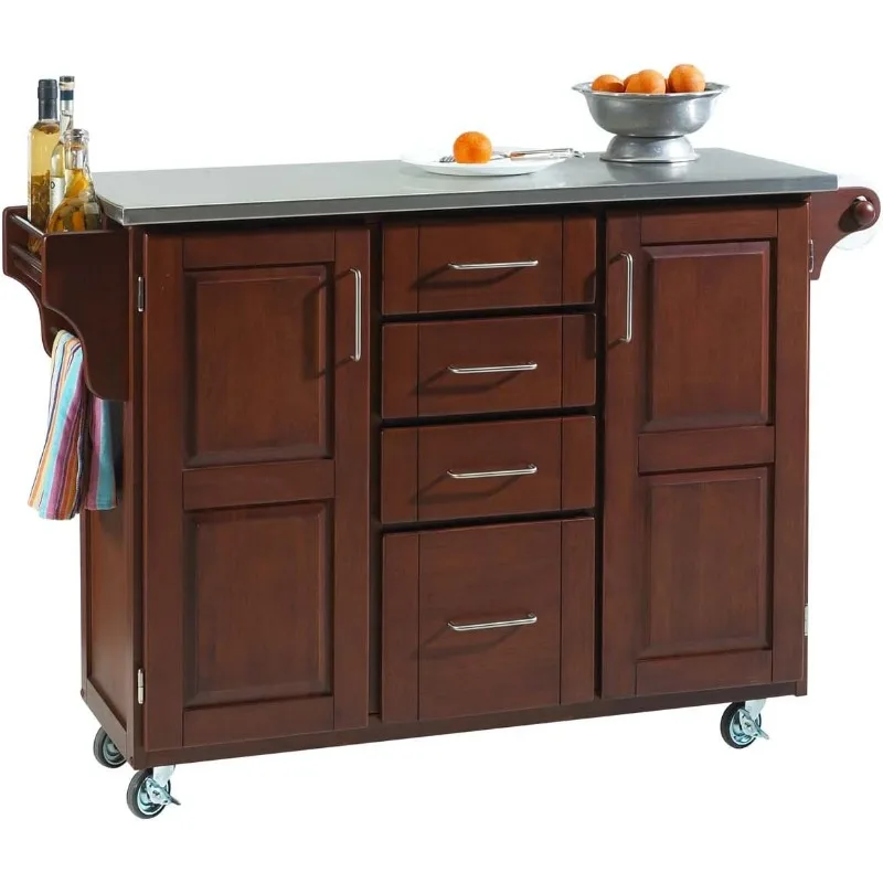 Medium Cart Two-door Cabinet with Stainless Steel Top Adjustable Shelves Four Drawers Two Towel Bar Spice Rack and Rubber Caster