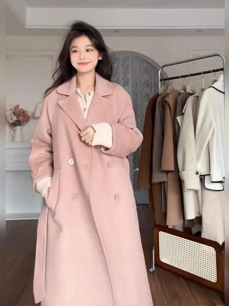Large Size Hepburn Style Pink Woolen Coat Women's Autumn Winter Korean High-End Feeling Medium Length Tweed Coat