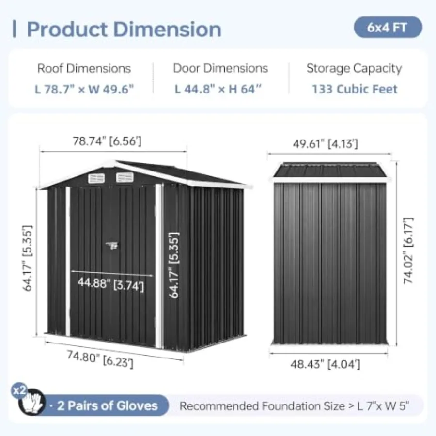 6x4FT Outdoor Storage Shed for backyard use, galvanized steel construction, gray finish, rust-resistant and weatherproof