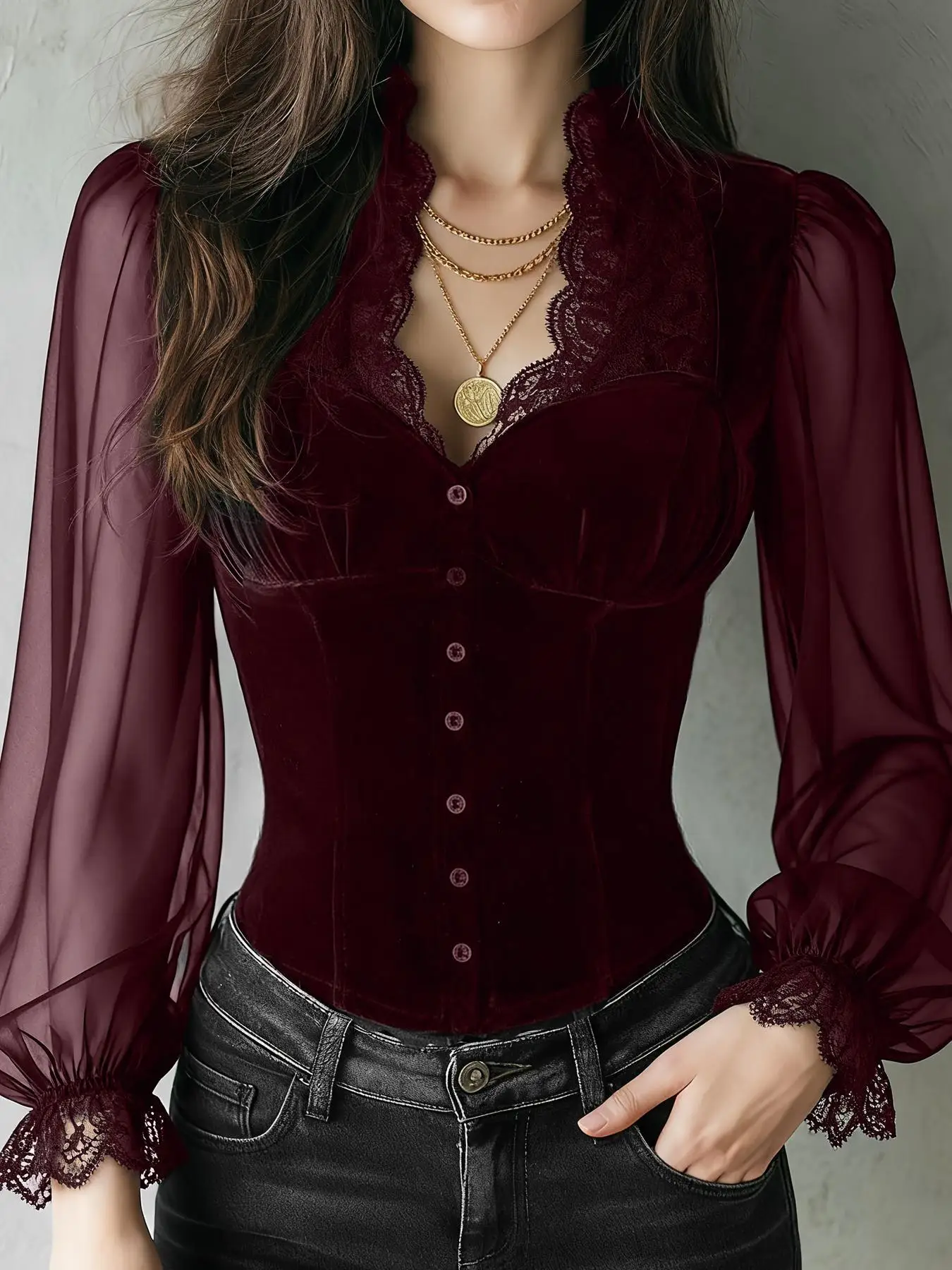 Ladies Solid Color Lace Trim Fitted Shirt Top with Button Placket Transparent Bubble Long Sleeves Lace Collar And Cuff view 4