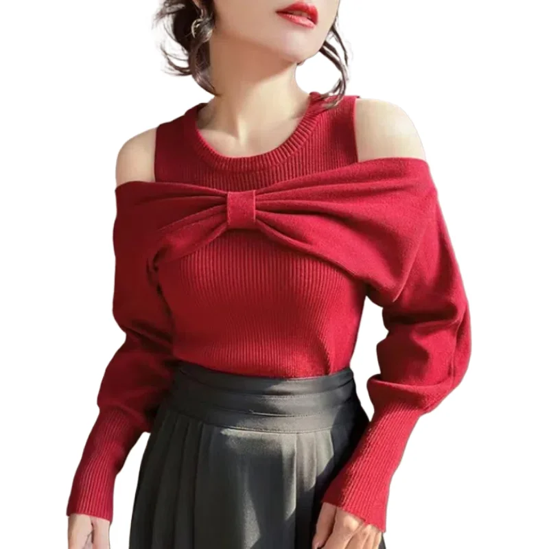 

Bohemian Elegant Crew Neck Off Shoulder Long Sleeve Female Spring Autumn New Spliced Bow Knitted Comfortable All-match Tops