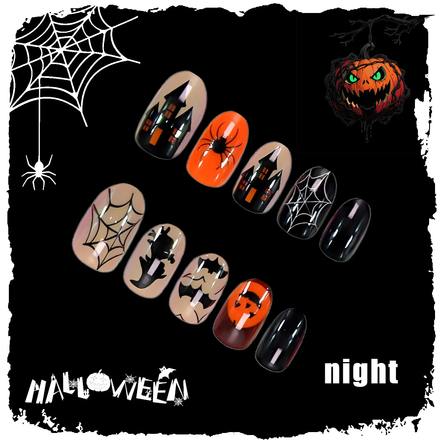 

24pcs Night Light Dark Spider Press on Nails Halloween Fake Nails Full Cover Wearable False Nails