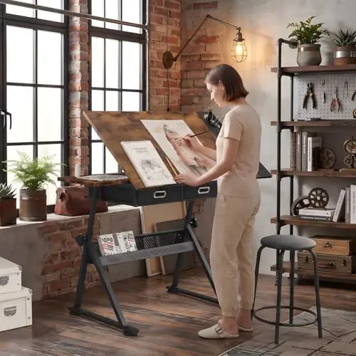 Adjustable Drawing Table with Stool, 2 Drawer Drafting Desk for Artists, Tiltable Tabletop for Home Office, School & view 4