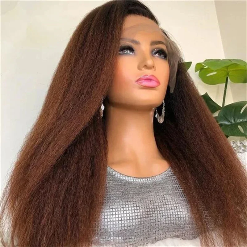 180Density 26“ Long Yaki Kinky Straight Lace Front Wig For Women BabyHair Ombre Brown Preplucked Heat Resistant Synthetic Wig