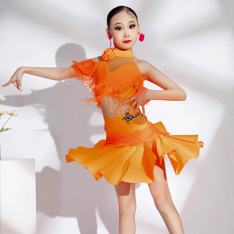 高度な新スタイルラテンダンスドレスガールプロフェッショナルトレーニングドレスガーゼ無地社交ダンス不規則なフリンジ衣装