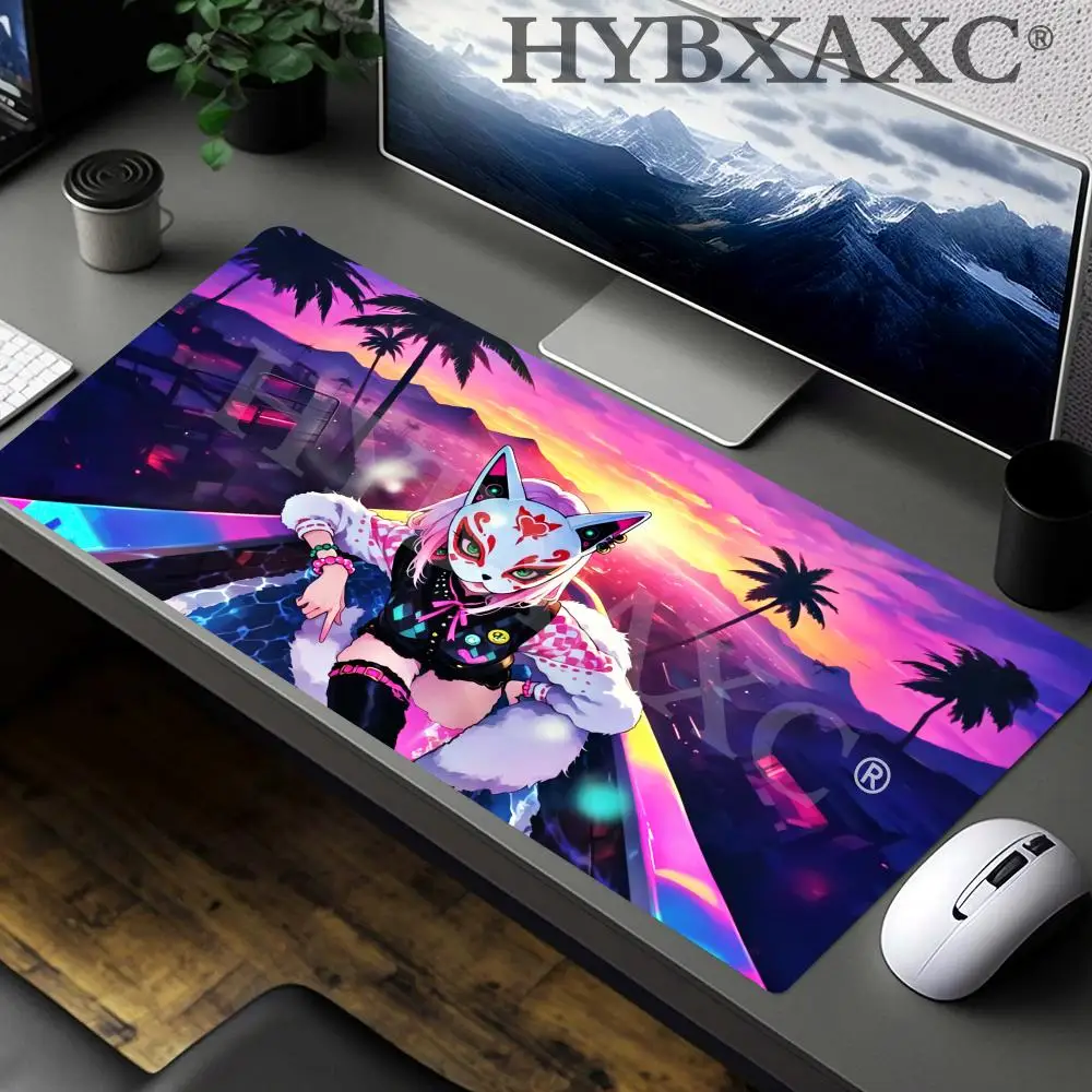 

HYBXAXC Cyberpunk Fox Mask Anime Girl Large Mouse Pad Neon Sunset Non-Slip Rubber Desk Mat for Gaming