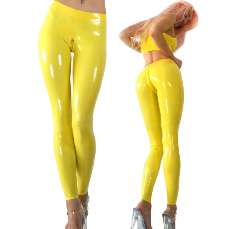 Women'S Yellow Latex High Elastic Leggings With Crotch Zipper