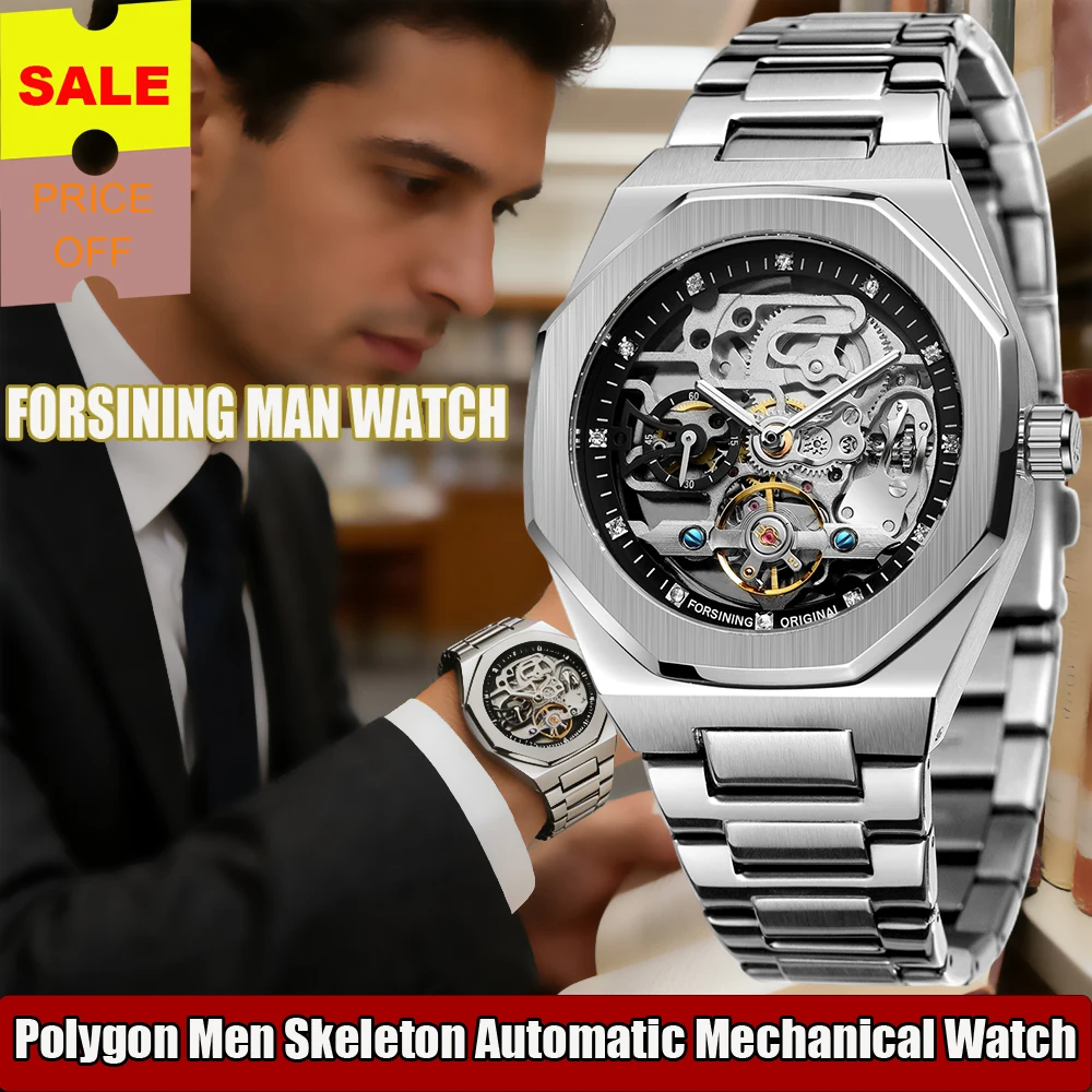 

Мужские часы FORSINING Trendy Polygon, автоматические механические часы с кристаллами, скелетонизированный циферблат, из нержавеющей стали, для делового стиля.
