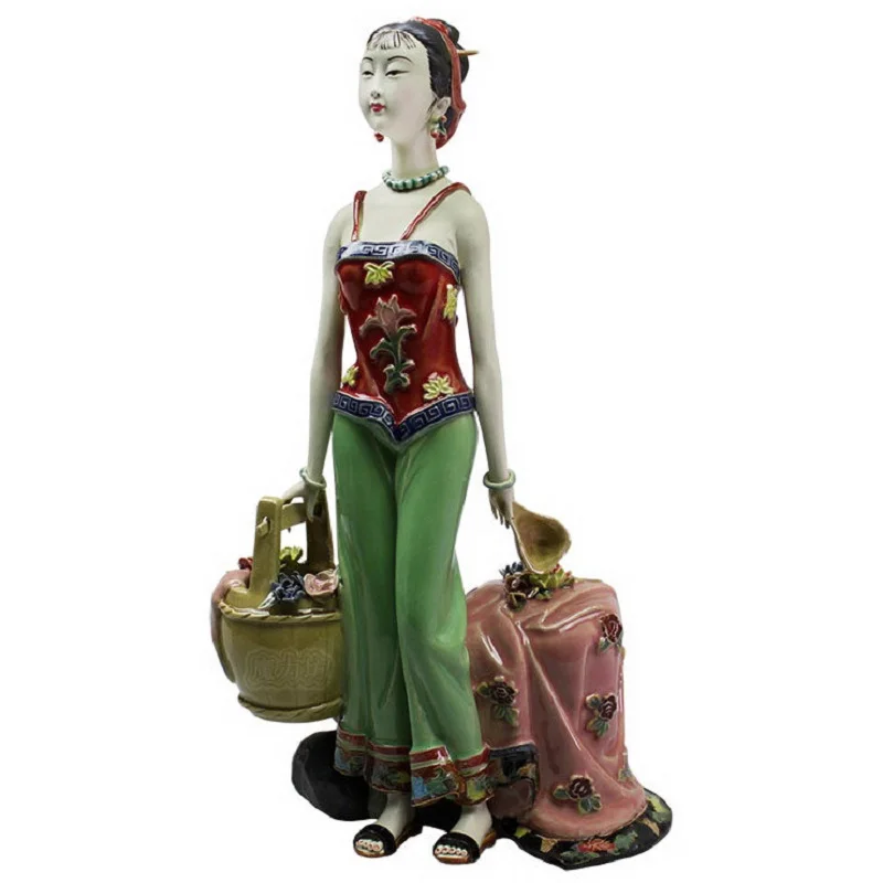 CHINESE ANTIQUE PORCELAIN FLOWER BATH ART SCULPTURES CERAMIC DOLLS FIGURINES ART FEMALE STATUE HOME DECOR COLLECTIBLE R2370