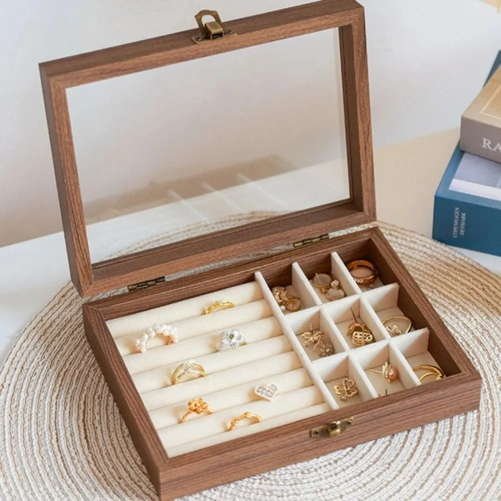 

Elegant Wood Jewelry Box Velvet Glass Lid Jewelry Organizer Dust-proof Storage Box Ring Display Holder Jewelry Storage Box