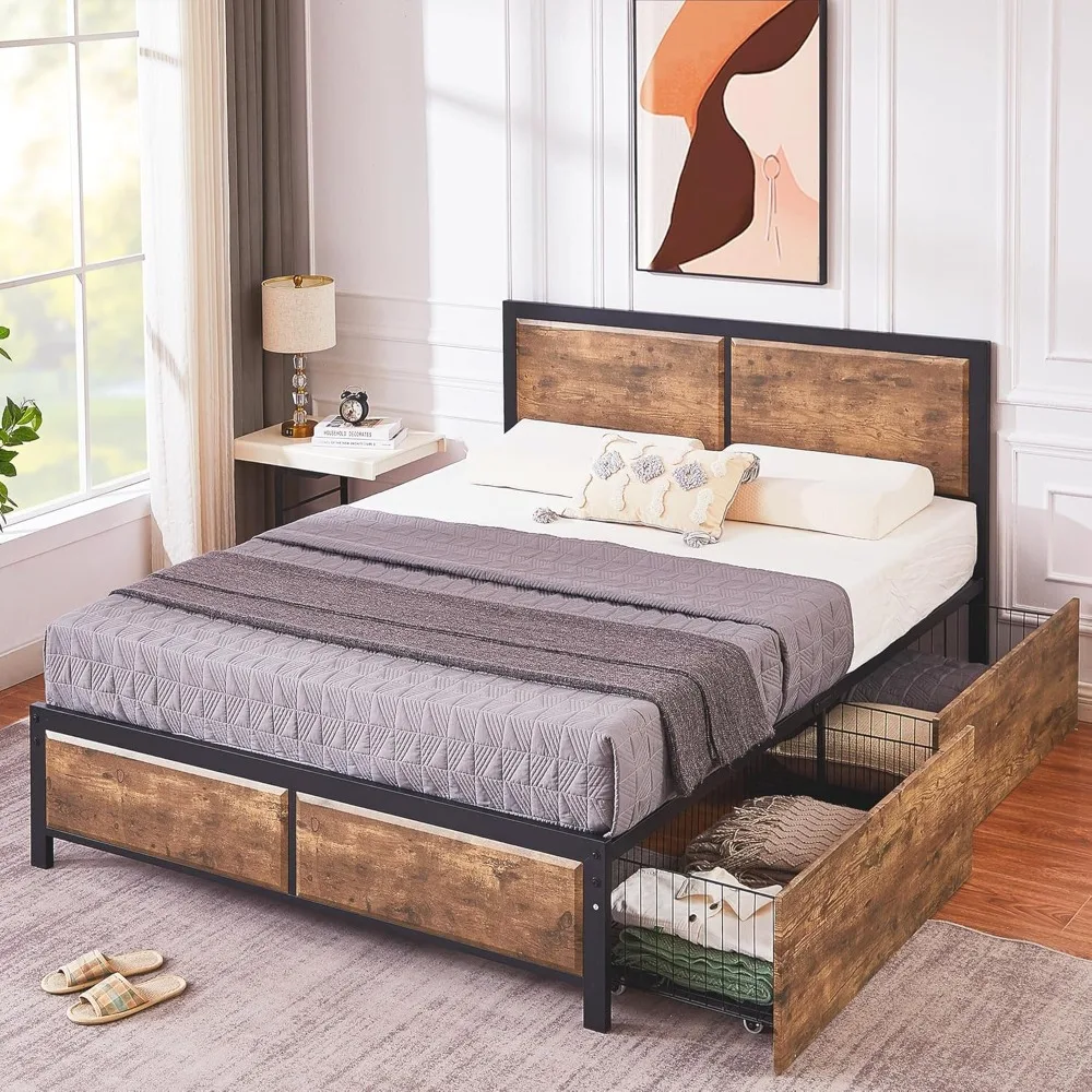 

Queen Platform Bed Frame with 4 Large Drawers(110L) and Rustic Vintage Wood Headboard, Strong Metal Slats Support, No Box Spring