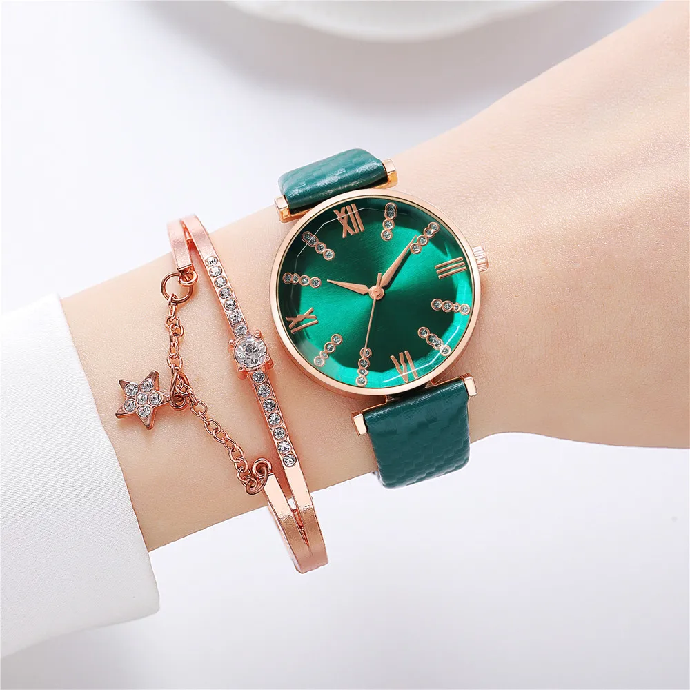 Conjunto de 2 piezas de estilo superior para Mujer, Reloj de pulsera analógico de cuarzo con correa de cuero de lujo, a la moda, color negro