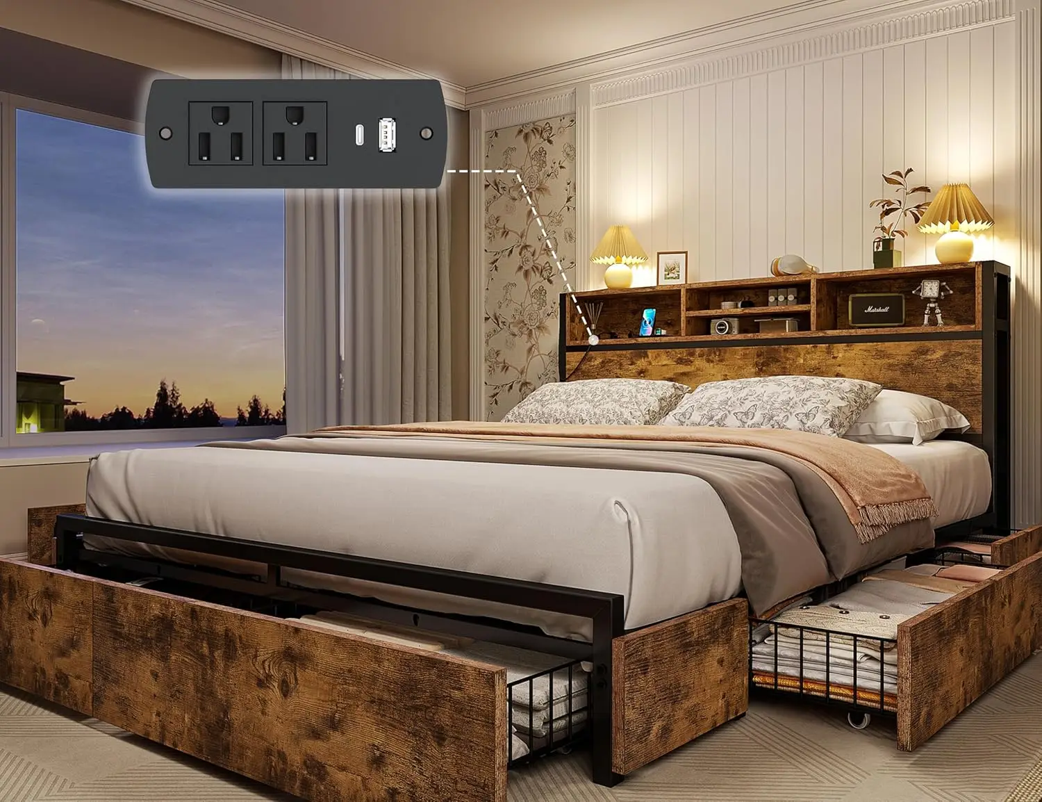 Queen Bed Frame with 6 Storage Drawers Queen Bed Frame with Headboard Queen Size Bed Frame with Charging Station, No Noise