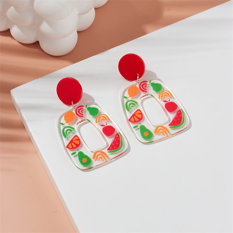 MEYRROYU Summer New Sweet Acrylic Printed Fruit Pendant Earrings For Girls Bosnia Party Birthday Gift Outing Accessories