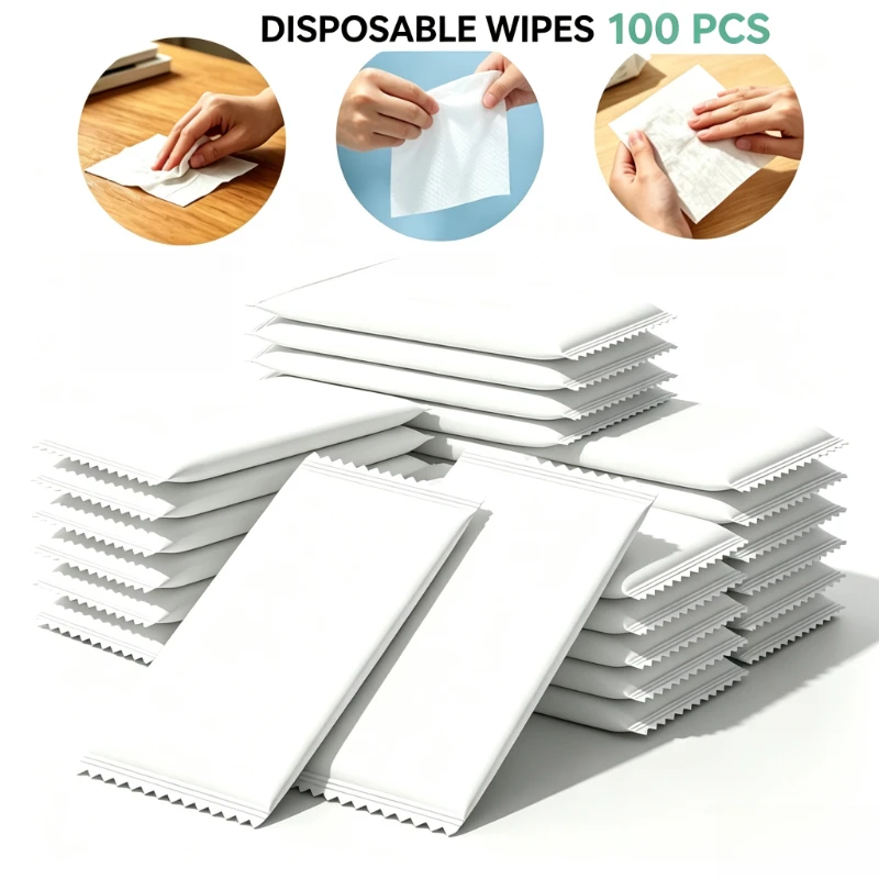 100PCS Single‑Use Individually Wrapped Wet Wipes, Compact for Camping Trips, Portable Cleansing Wipes for Daily Household Use