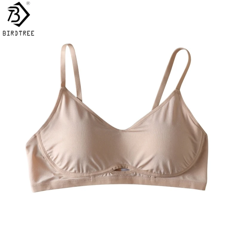Birdtree, 88.5% Real Silk Hollow Bra, Women's Breathable Solid Underwear, Wireless Thin Sexy Bralette, 2026 Autumn New S69020JF