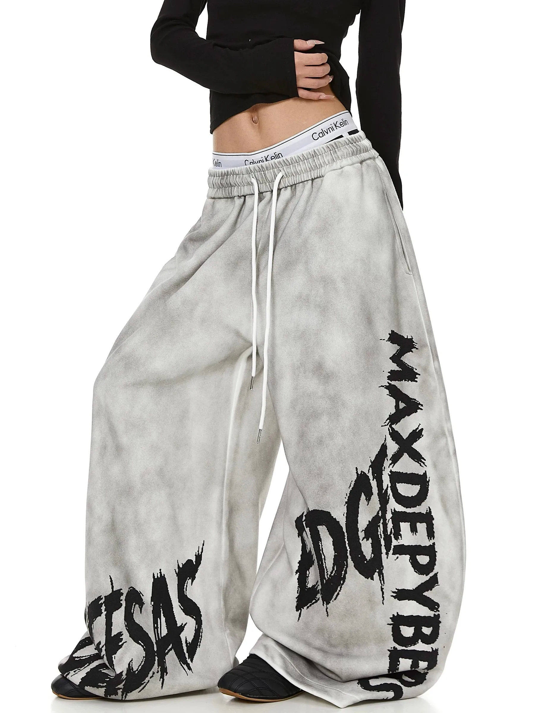 American Style Distressed Letter Print Curved Knife Sweatpants Loose Drapey Street Dance Trendy Brand Loose Wide Leg Long Pants