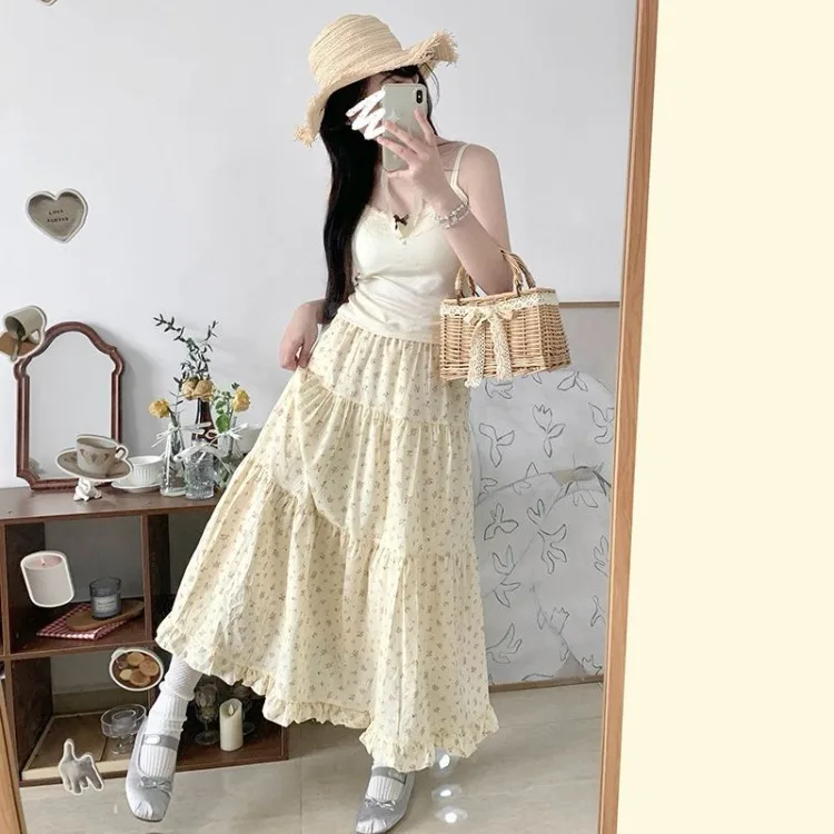 Sweet Fresh Floral Fungus A-line Skirt for Women High Waist Ruched Cake Skirts 2024 Summer New Mid-length Lloose Faldas Mujer