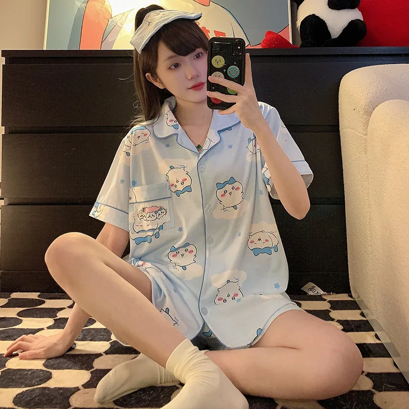 Kawaii Chiikawa Usagi Pyjama Spring and Summer Cartoon Short-sleeved Shorts Student Home Clothes Set