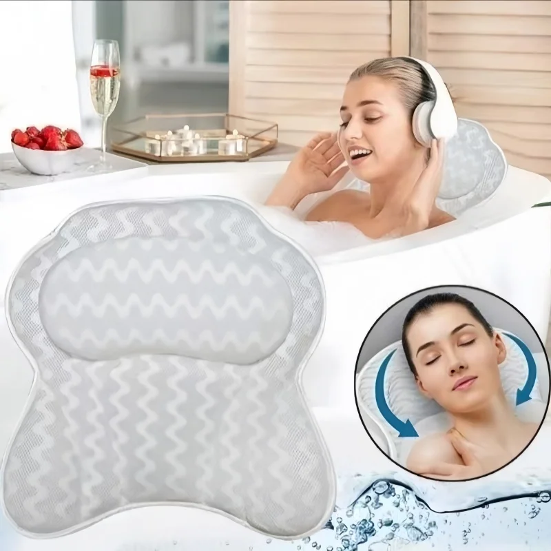 4D SPA Pillow 6 Suction Cup Bathtub Massage Pillow Bathing Neck Back Support Headrest Bathroom Non-Slip Cushion