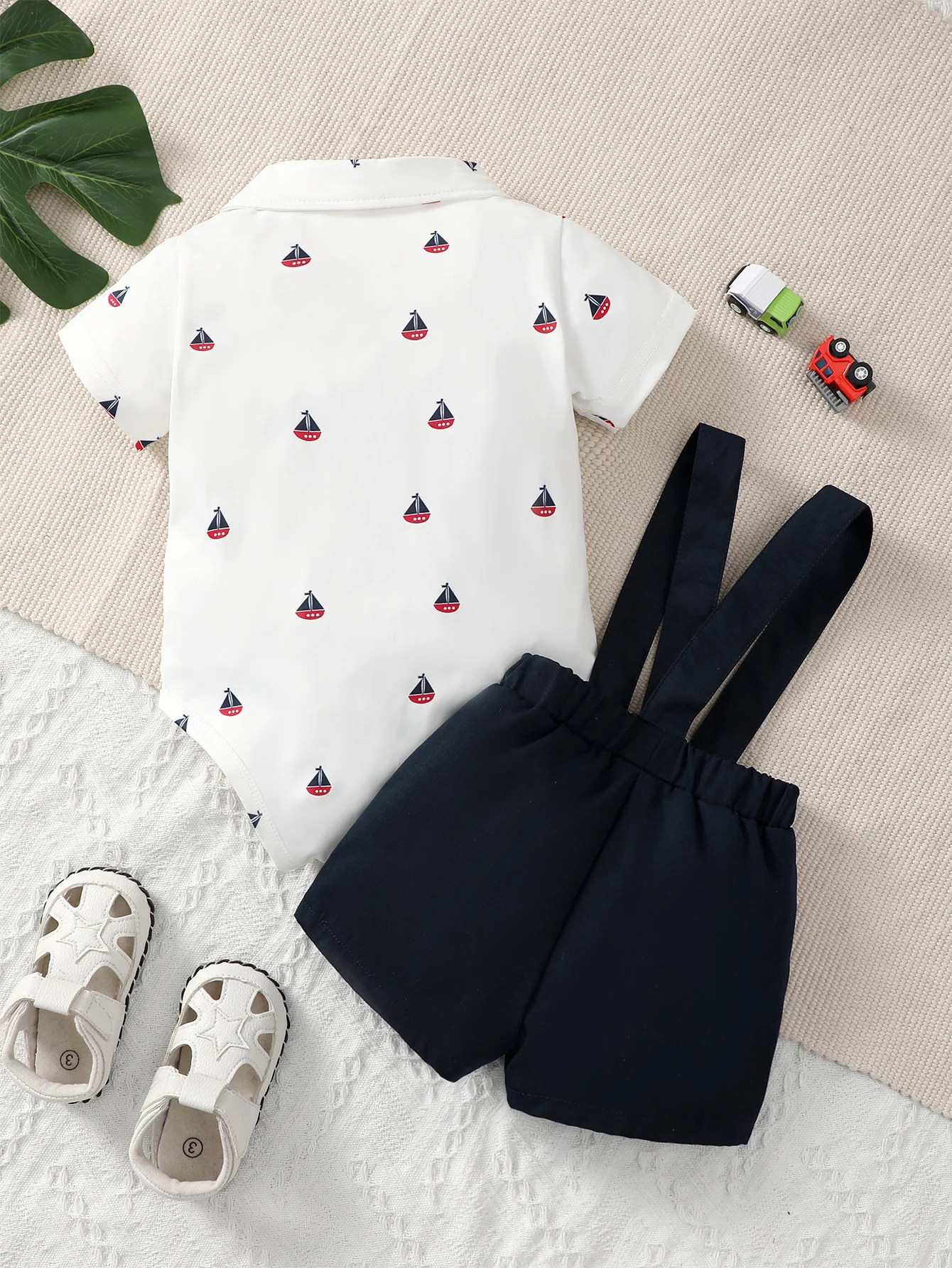 Baby Boy Party Formal Summer White Short-Sleeved Polo Tie Bow Tie Triangle Dress Black Suspenders Fashion Cute Two-Piece Suit