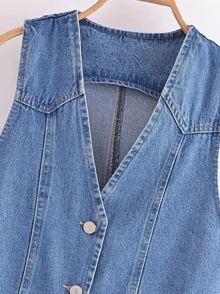 2024 Summer Women Fashion Front Button Denim gilet Vintage scollo a V senza maniche capispalla femminile Chic Tops