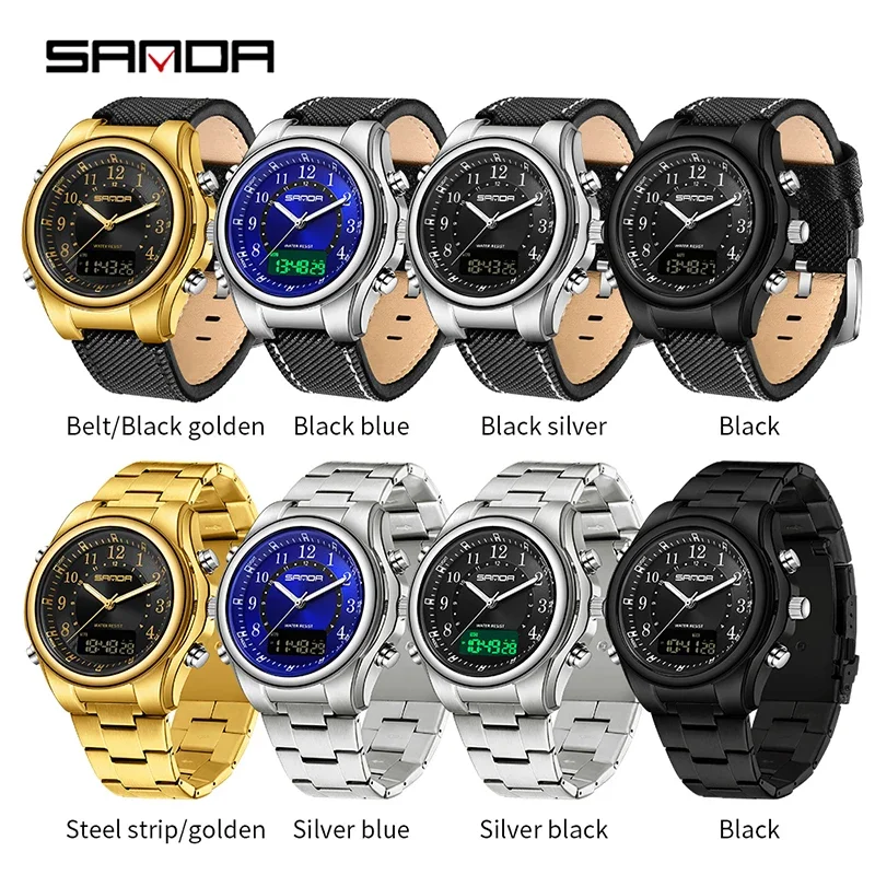 SANDA-Montre de sport pour hommes, bracelet en acier inoxydable, quartz, chronomètre, chronographe, étanche, électronique, montre-bracelet