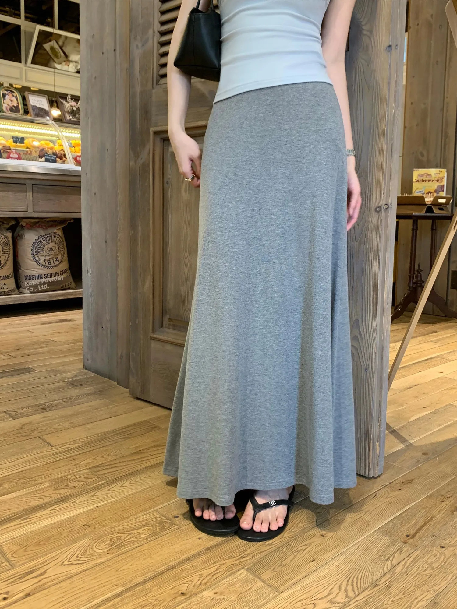 Pusumede Grey High Waist A-Line Knitted Midi Skirt Women's Loose Lazy Draping Long Skirt Standard Fit Summer 2026