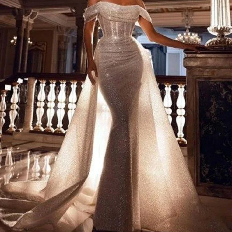 Customized Luxury Shinny Sexy Elegant Evening Dresses Slash Neck Short Sleeve Robe Wedding Party Vestidos Sequined One Shoulder