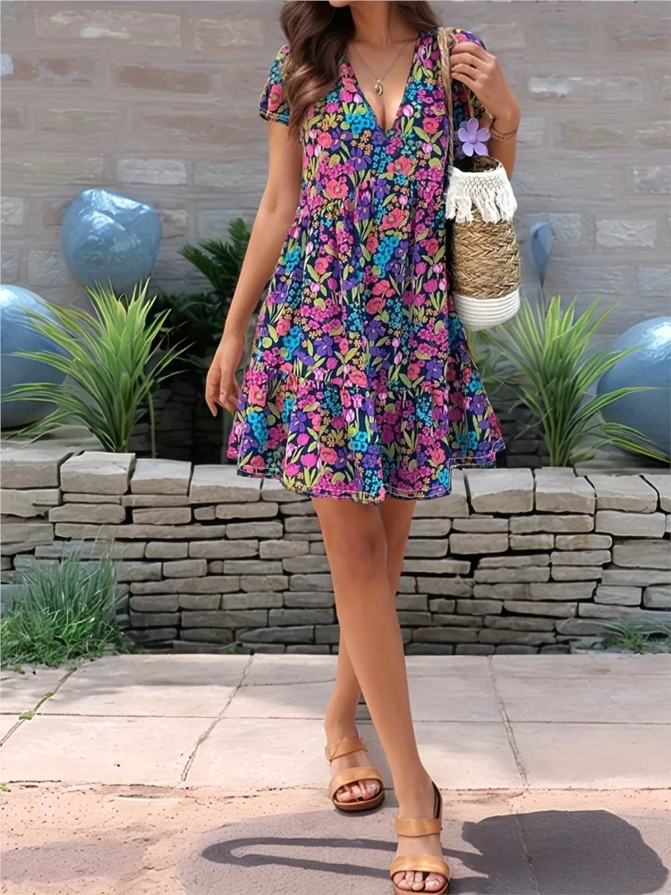 فساتين نسائية صيفية جديدة مطبوعة ، فساتين بأكمام قصيرة ، فساتين زهرية ، فستان عطلة ، فساتين غير رسمية ، ملابس نسائية