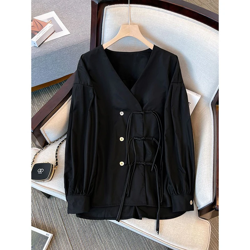 

Модная китайская женская блузка с длинным рукавом, асимметричной застежкой на пуговицах, свободного кроя, скрывающая недостатки фигуры, новинка ранней осени.