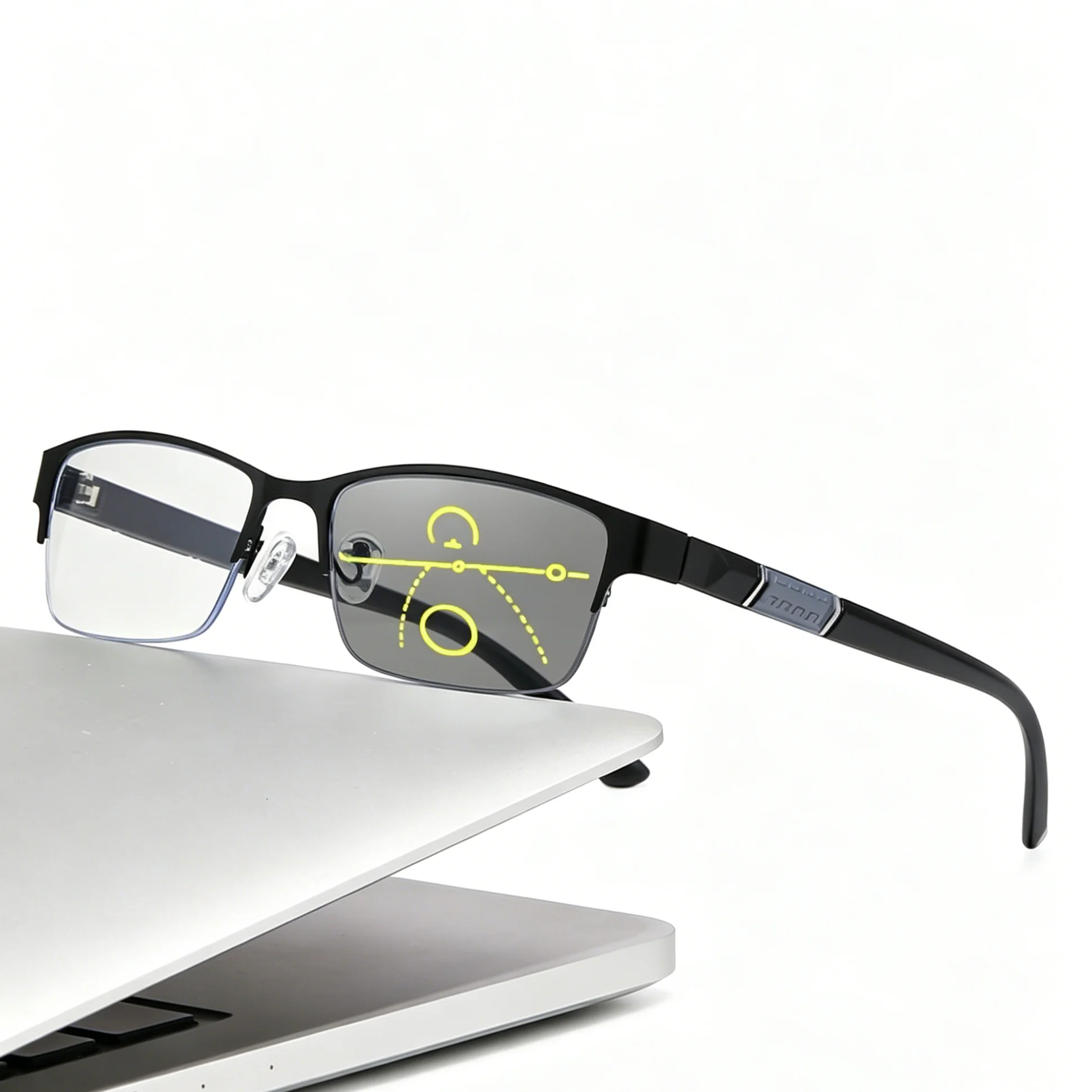 Herren Smart Zoom Multifokale Photochrome Halbrandbrille mit Blaulichtfilter für Nah- und Fernsicht, +1,00 bis +4,00