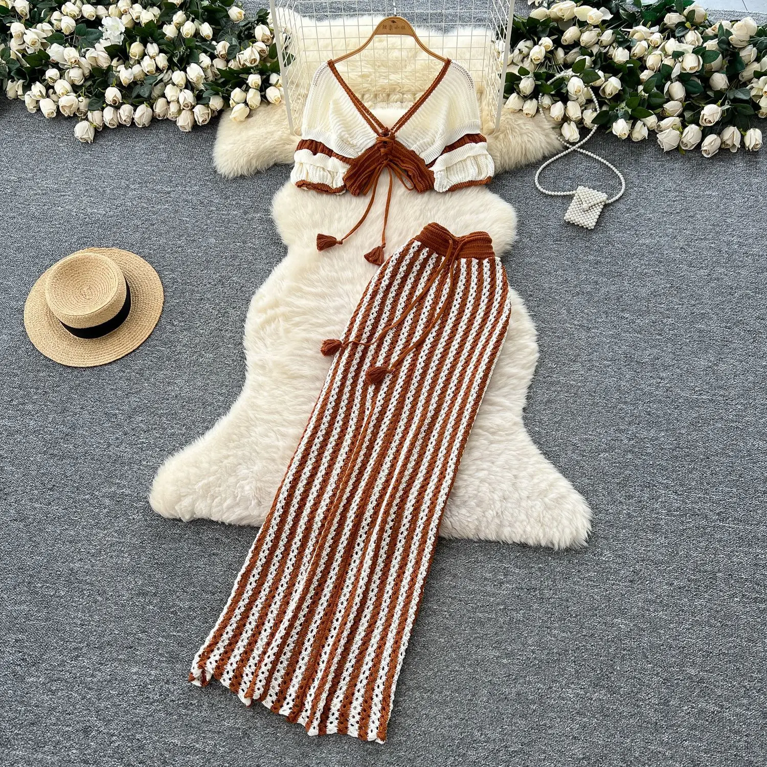 

Women Two Piece Sets Skirt Set Knitted Beach V Neck Short Sleeve Tops Long Skirts A Line High Waist Casual Y2k Streetwear