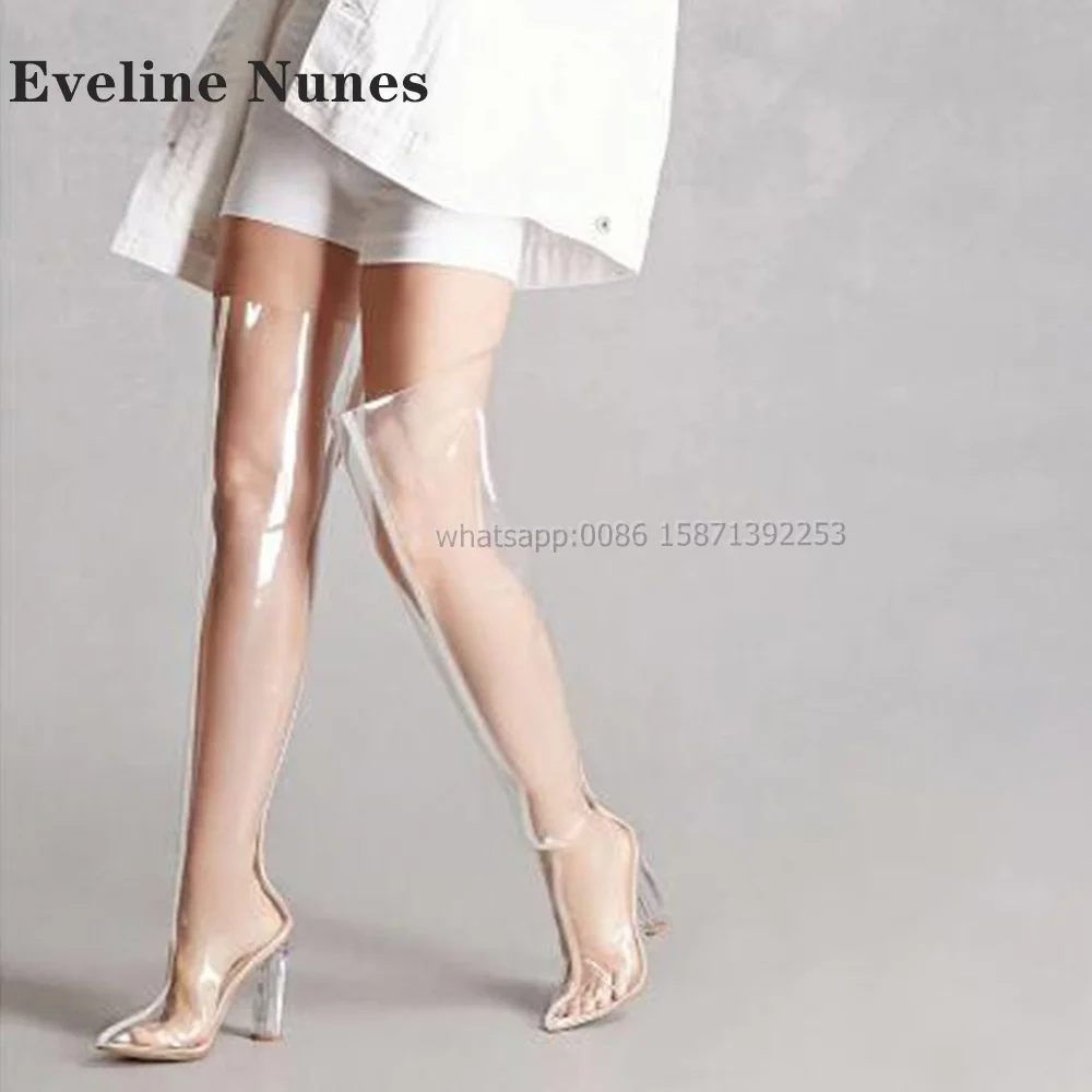 

Transparent Splicing Thigh High Boots Pointed Toe Strange Style Zipper Sexy Runway Show Shoes Spicy Girl Large Size Booty Trend