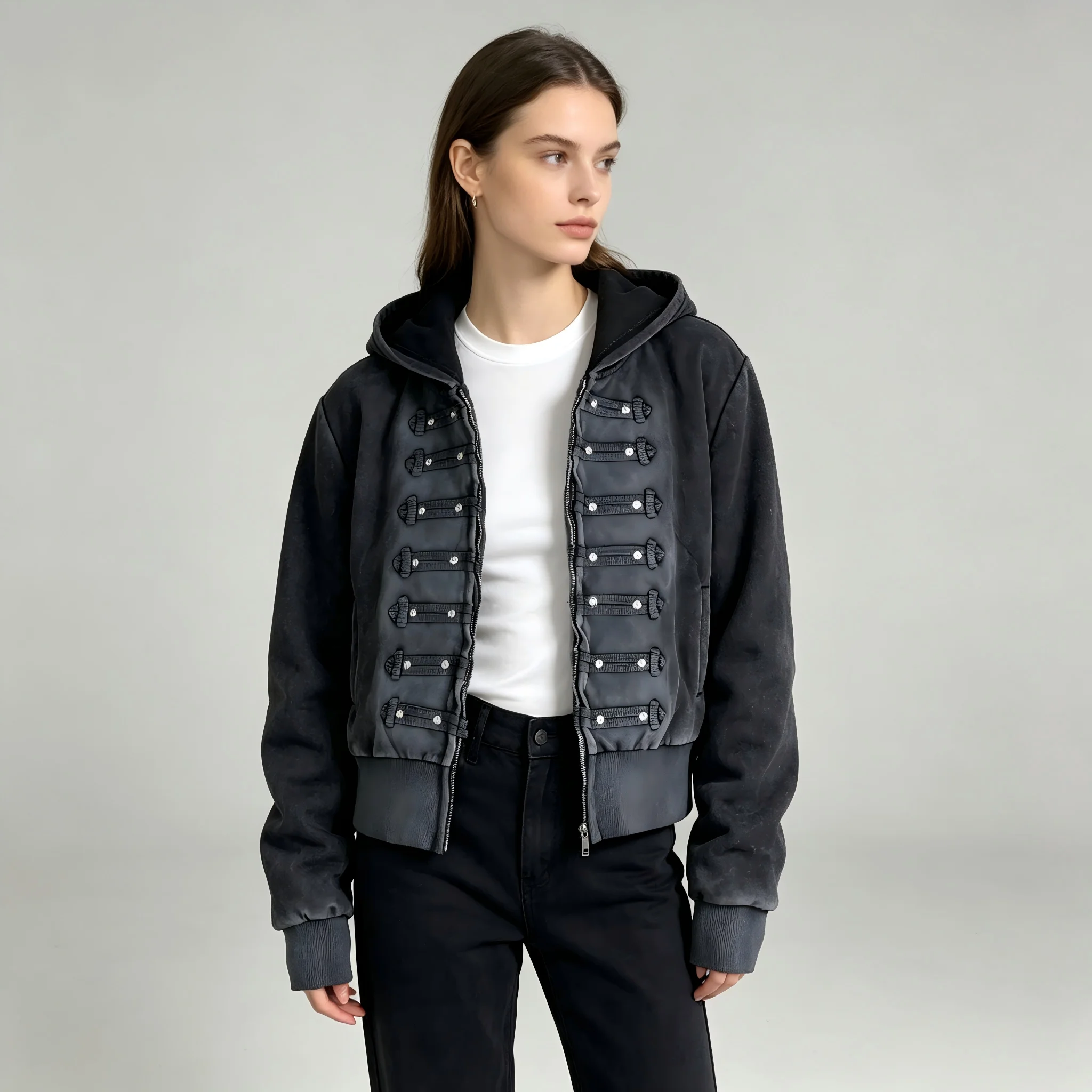 Women's Slim Fit Military Jacket Y2K Style Zip up Coat Dark Academia Stand Collar Washed Black Metal Buttons Streetwear